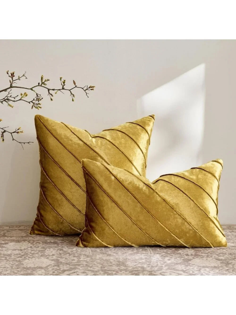 Decorative Velvet Pillow Covers Set of 2, 18x18 Gold Stripe Throw Pillows for